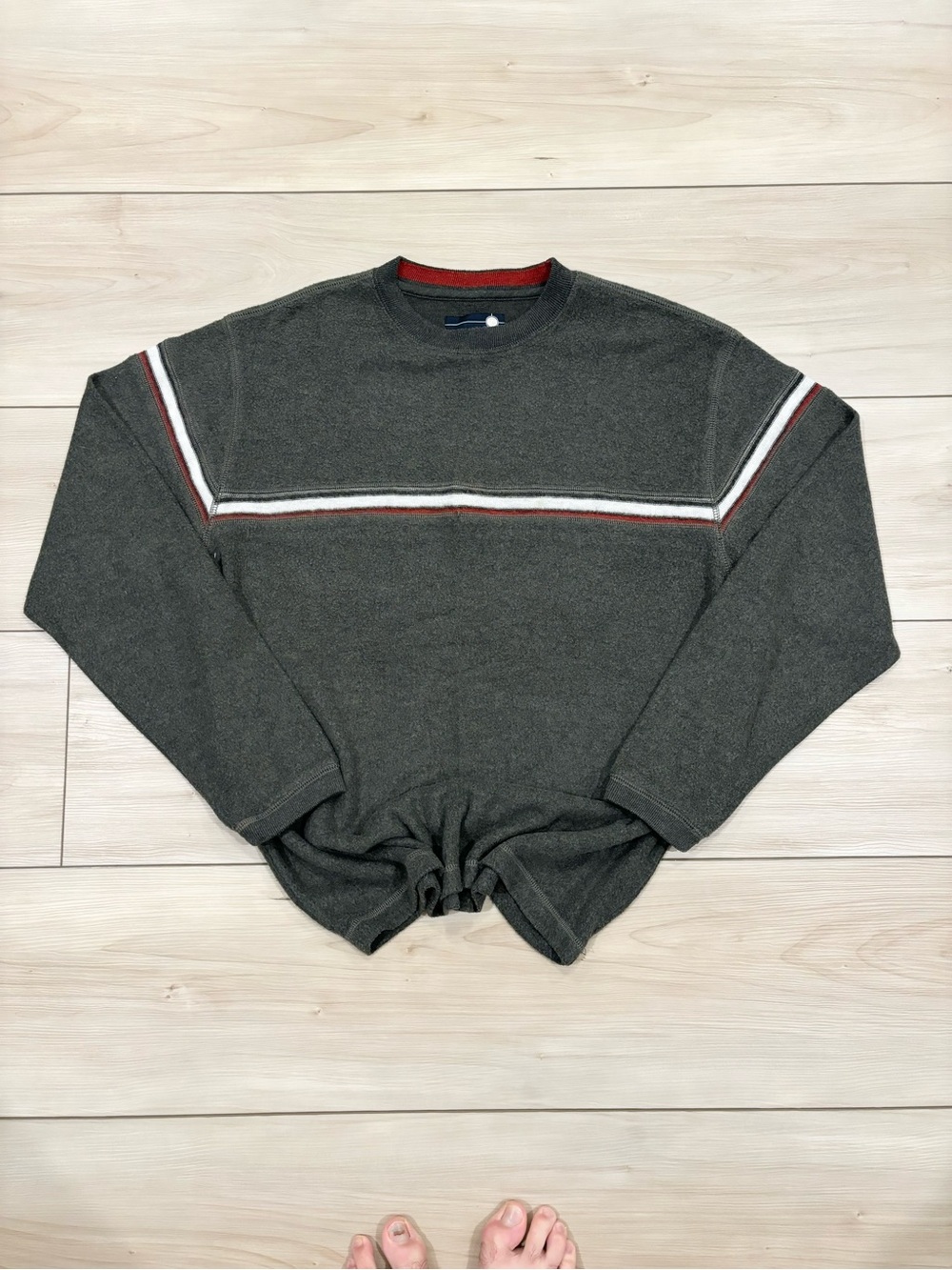 Point Zero Y2K Men's skater Crewneck Sweater in Charcoal with White Red Stripes
